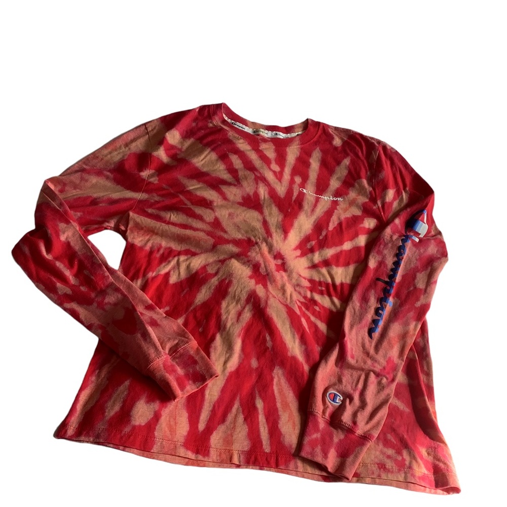 Women's Large Red Champion Long Sleeve Bleach Dye Spell Out T-shirt